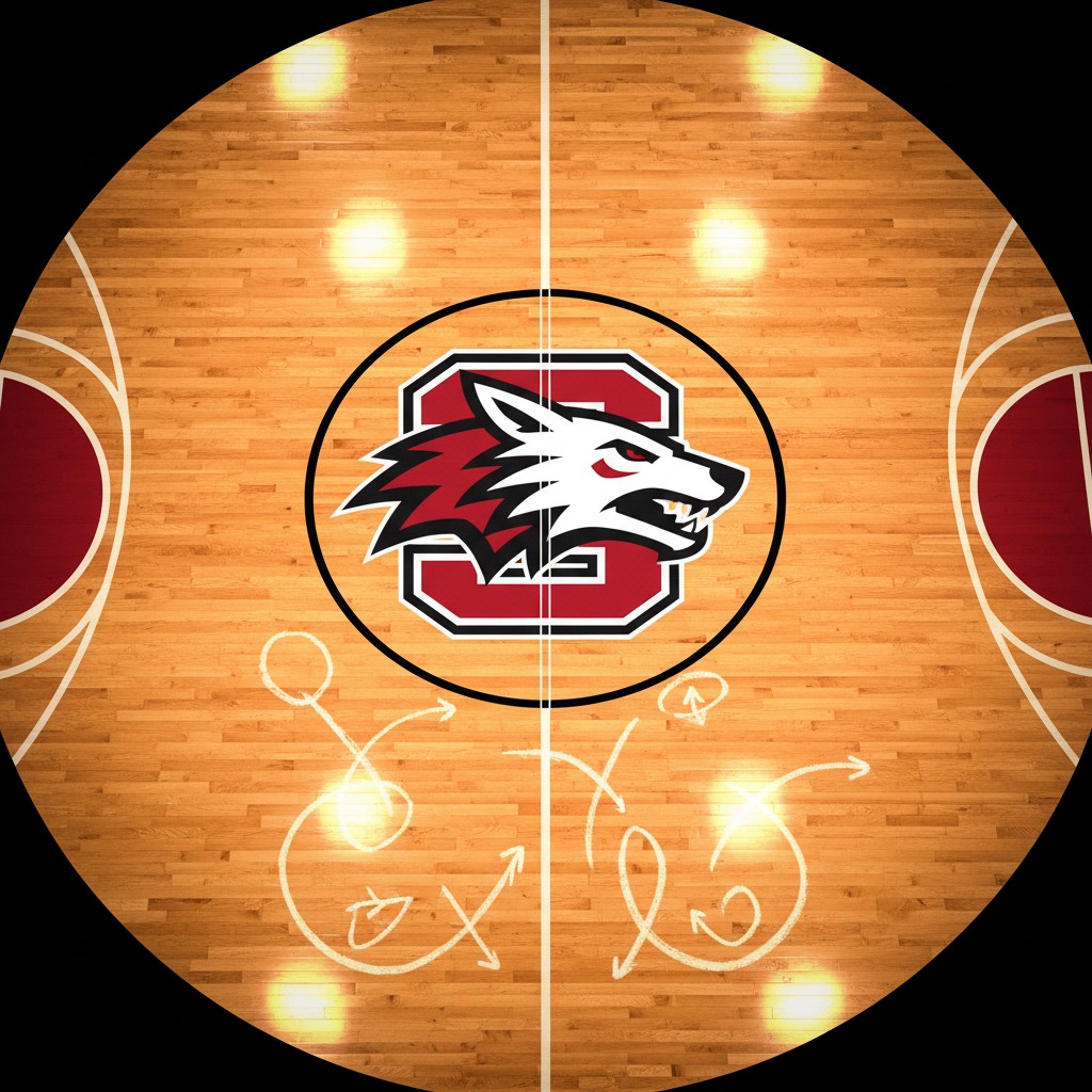 A basketball court with a team logo in the center, and some plays plotted on the court.
