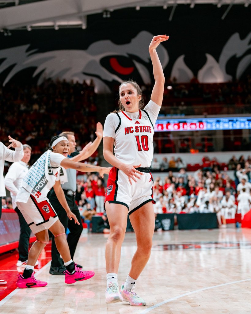 A basketball player from NC State, wearing jersey number 10, celebrates with an expressive pose while her teammate gestures excitedly in the background during a game.