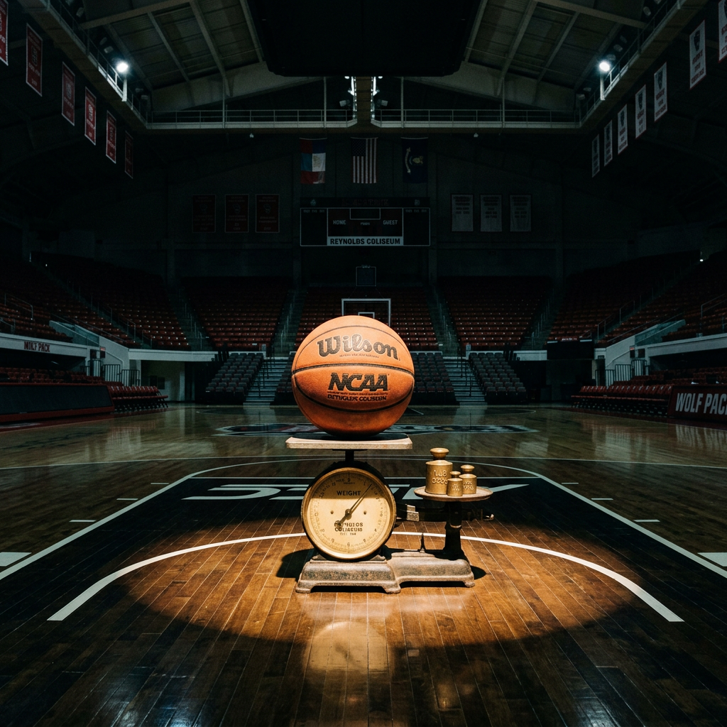 Basketball on vintage scale with weights at basketball court center