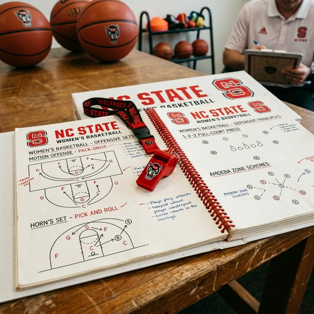 NC State football playbook open to offensive and defensive schematics with whistle on top