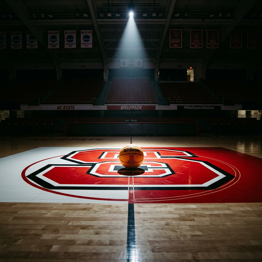 Basketball centered on NC State court logo under spotlight
